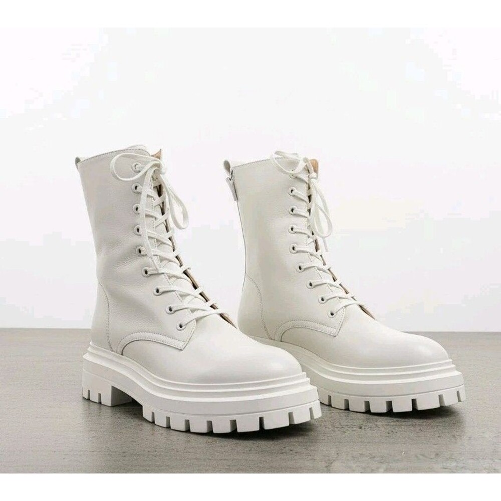 Stuart Weitzman White Leather Combat Platform Boots Lug Sole Size 8.5 Made in...